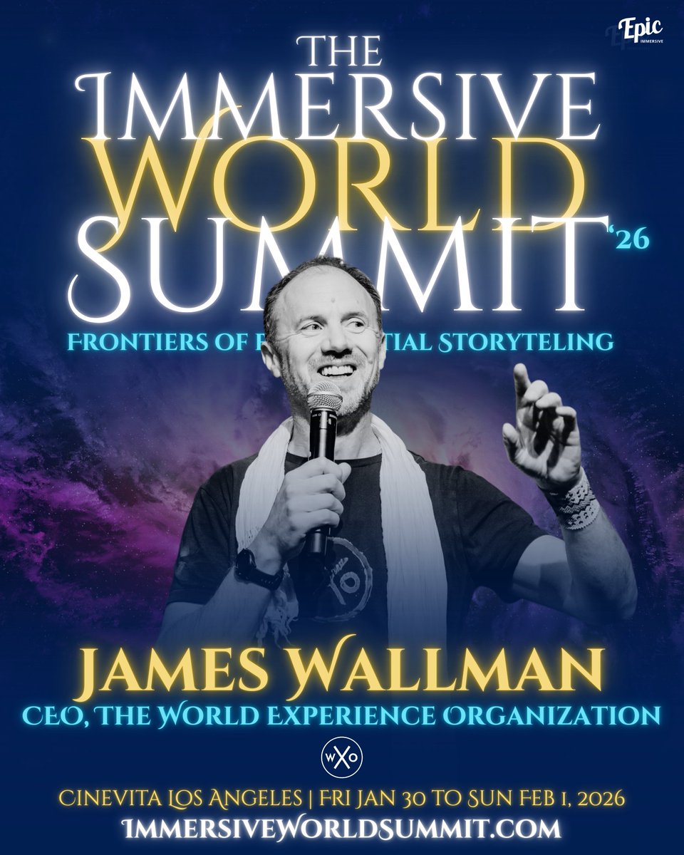 EpicImmersive's tweet photo. NEW SPEAKER ANNOUNCEMENT: Joining us at The Immersive World Summit 2026 will be James Wallman (@jameswallman), the Founder &amp; CEO of The World Experience Organization (@WXOrganization)!

Get tickets at https://t.co/duseORp9e7 to join us in LA from Fri Jan 30 to Sun Feb 1, 2026! https://t.co/YfiCMfQikt