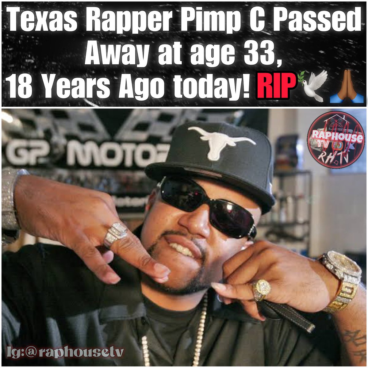 raphousetv2's tweet photo. Texas Rapper Pimp C Passed Away at age 33, 18 Years Ago today! RIP, Gone but never forgotten🕊️🙏🏾 https://t.co/eT1MavqmE4