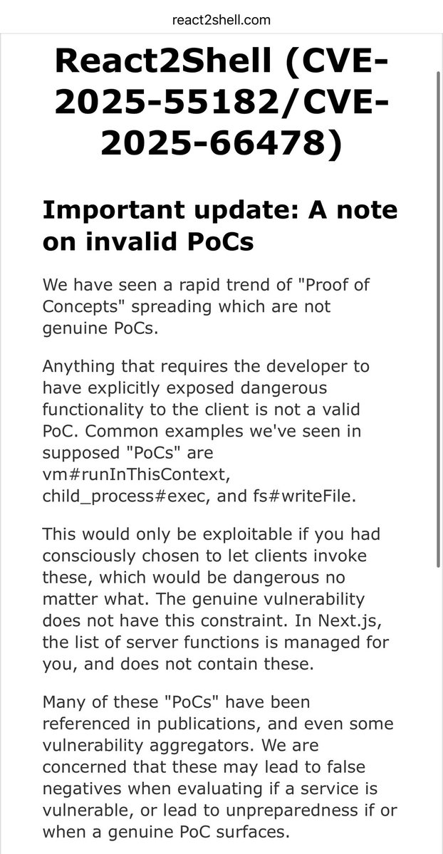 And it turns out the PoC was fake — it was generated by LLMs. The surprising part is that the latest version can still be exploited, and the genuine vulnerability doesn’t rely on constraints like child_process.exec or fs.writeFile.

The details above are as cited by the