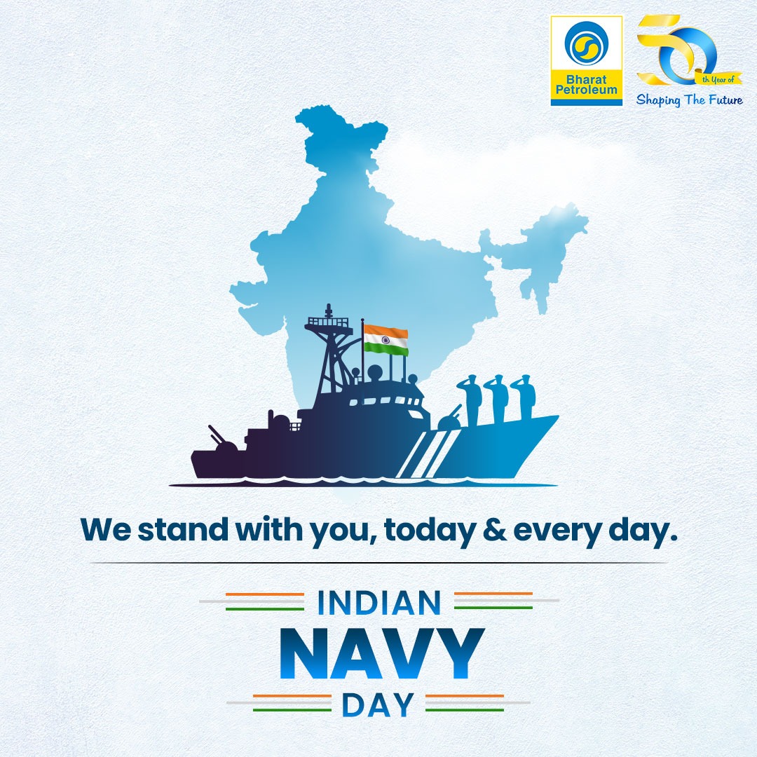 BPCLimited's tweet photo. Today, we honour the Indian Navy for protecting our maritime frontiers with steadfast resolve. 

At BPCL, we remain committed to empowering the nation through reliable energy that keeps India’s lifelines moving, on land and at sea.

#NavyDay #IndianNavy #SalutingOurForces #NationFirst #EnergyForNation #BPCL #EnergisingIndia