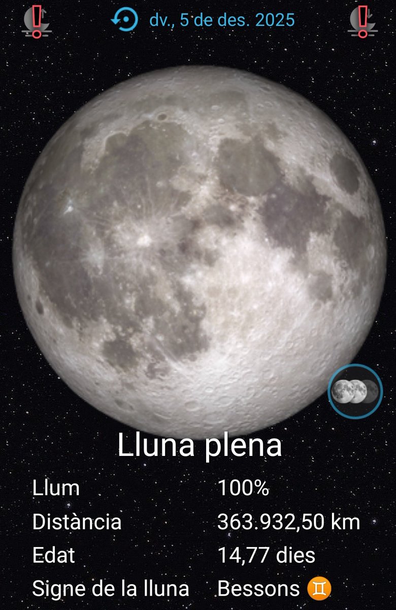 caledelspagesos's tweet photo. LLUNA PLENA DEL DESEMBRE: Divendres 5, a les 00 h 15 m, a Gèmini.
Serà la darrera superlluna del 2025. Es veurà un 8 % més grossa i un 16 % més brillant que habitualment, perquè tornarà a coincidir amb el perigeu, el punt on la Lluna es troba el més a la vora de la Terra possible https://t.co/vYfmNFaMUI