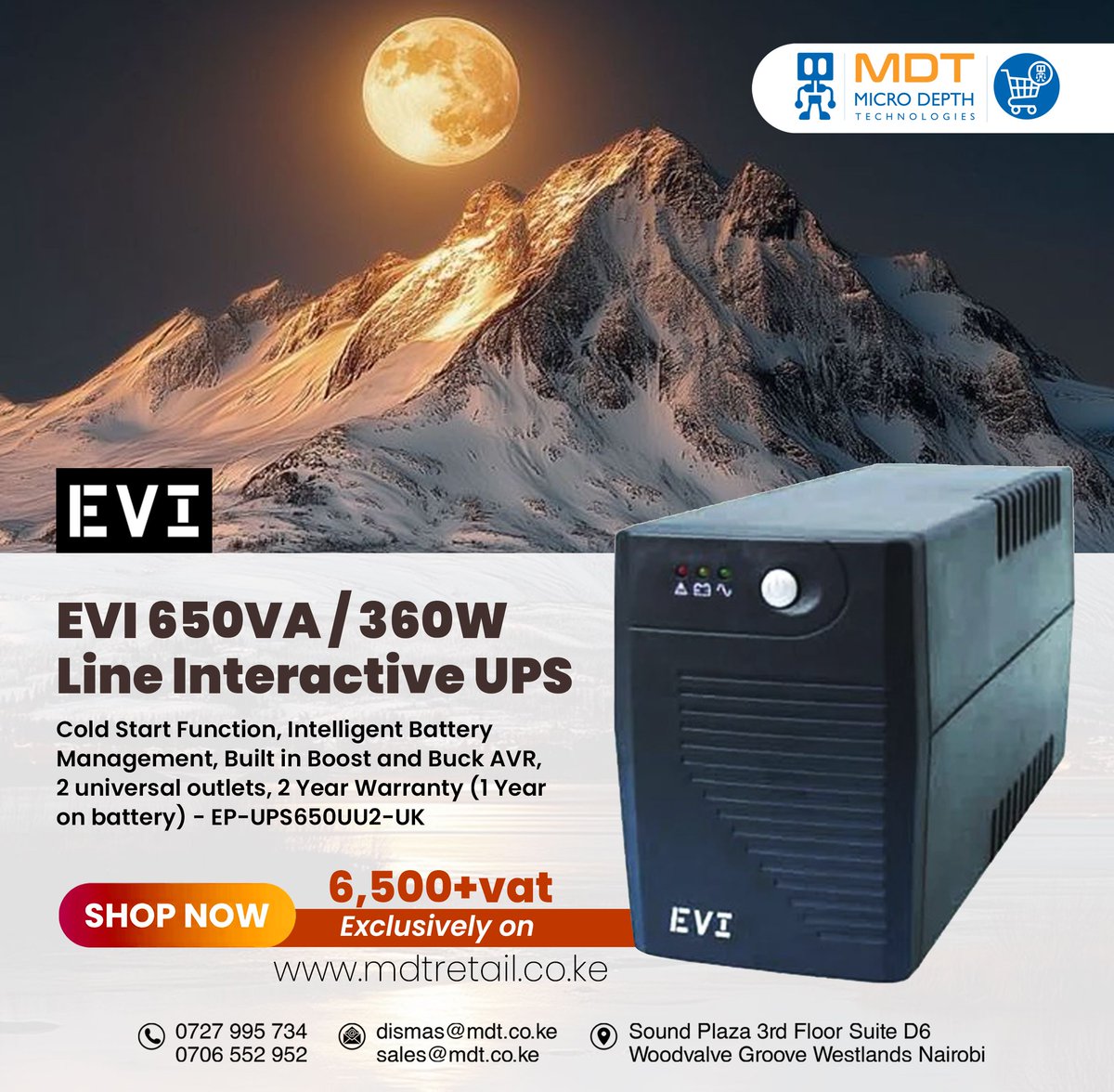 DepthLtd14961's tweet image. Avoid downtime with the EVI 650VA / 360W UPS — built with intelligent battery management, cold start function &amp;amp; AVR for stable power.
Now at Kes 6,500 + VAT on 👉 mdtretail.co.ke

📞 0727 995 734 | 0706 552 952
📧 sales@mdt.co.ke

#MicroDepthTechnologies #PowerSolutions