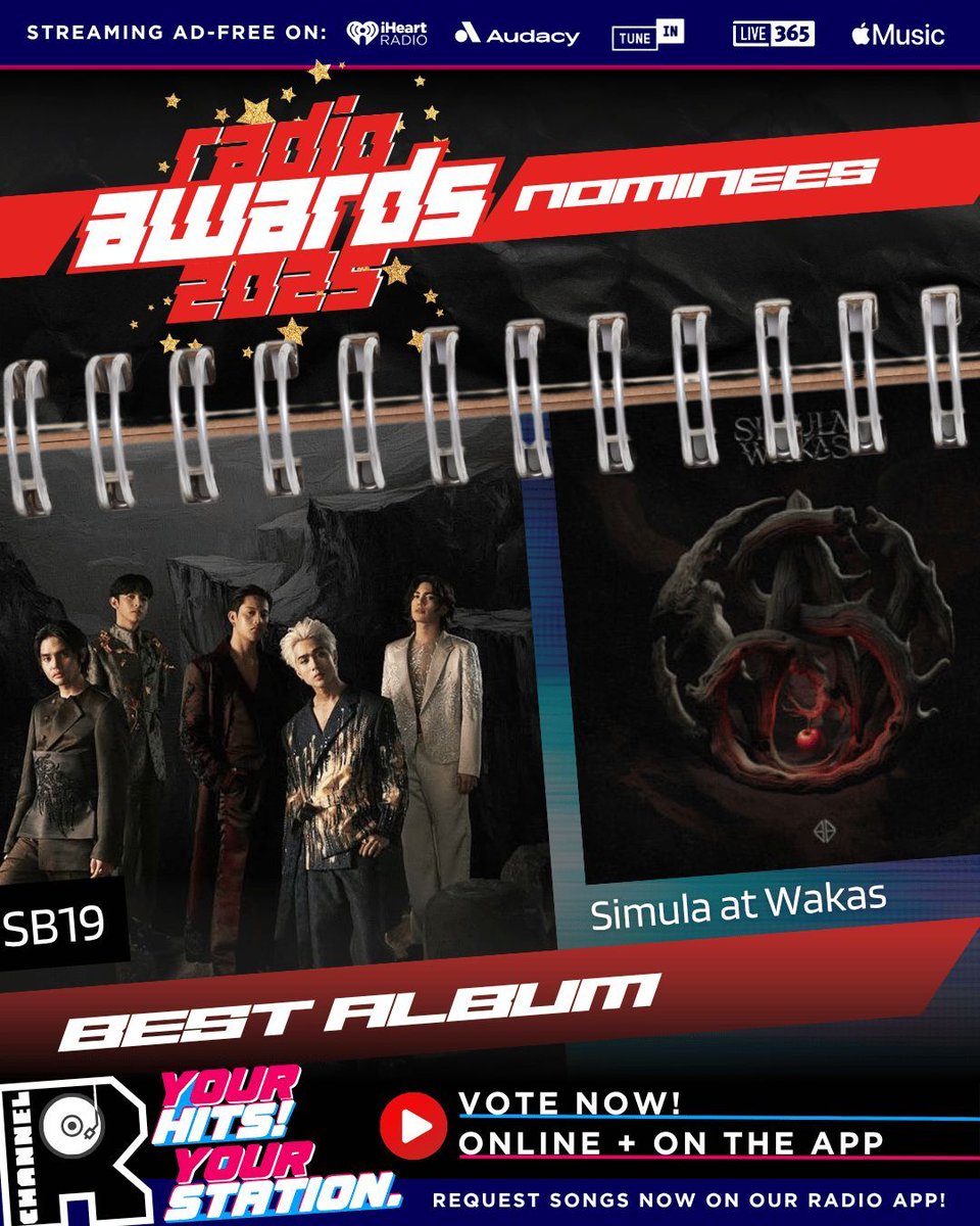 channelrradio's tweet photo. 🌟 Congratulations to SB19, nominated for Best Album at the #ChannelRRadioAwards2025 for Simula at Wakas! 🌅🔥

Joining them in this category are Jin, Number_i, Travis Japan, and TWICE.

Vote once daily on the website + 4× daily on our Radio App to Dec 19: https://t.co/0sGwpaS7VQ https://t.co/C7xmQXmtlY