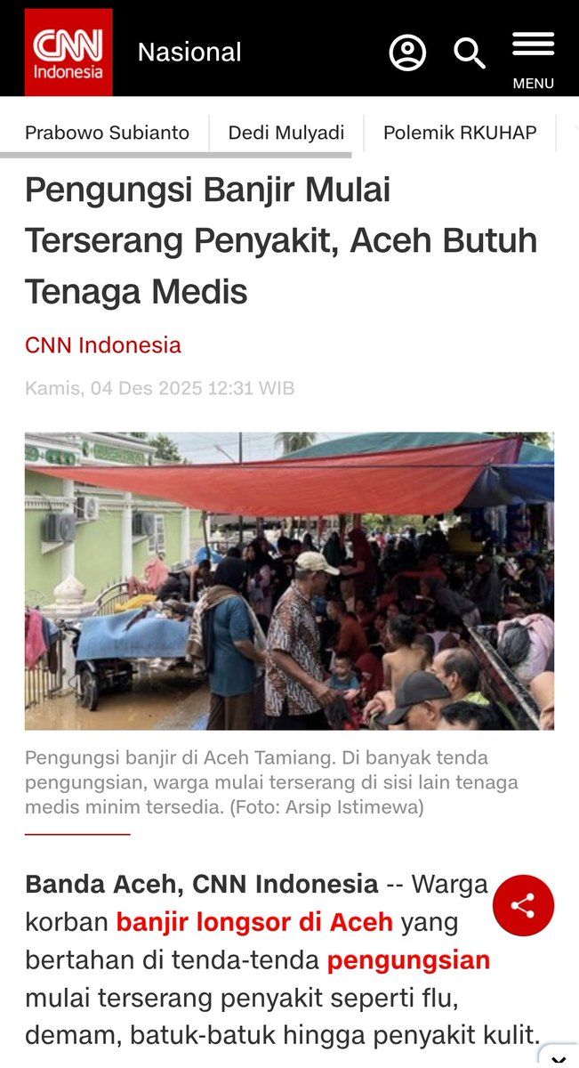 Pengungsi di Aceh Tamiang mulai jatuh sakit, posko makin padat, obat makin tipis, tenaga medis tidak cukup. 😭
