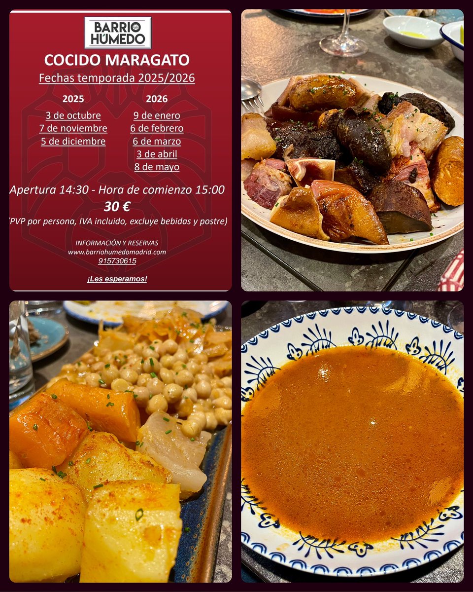Bueno días, aun tenemos mesas libres para nuestro cocido de mañana 5 de diciembre. 
Siguientes fechas disponibles: abril y mayo.
Reservas a través de nuestra web: barriohumedomadrid.com o en el 915730615.
Muchas gracias 🥂.