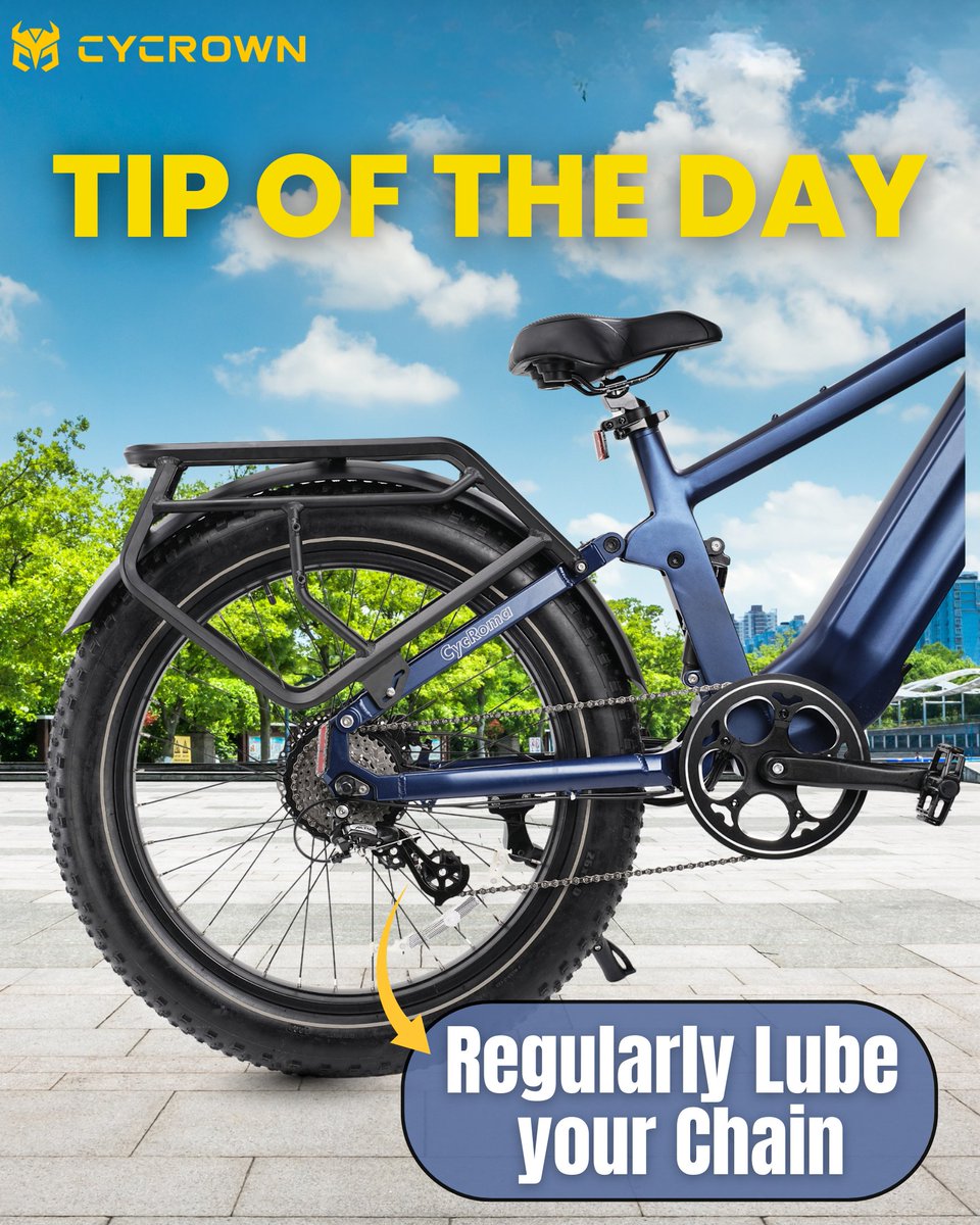 cycrownbikes's tweet image. ⚙️ Tip of the Day: Regularly lube your chain!
What’s your best maintenance secret for a smooth ride? Share it below! 👇

#CYCROWN #EbikeTips #cycrownbike #ebike #electricbike #rideCYCROWN