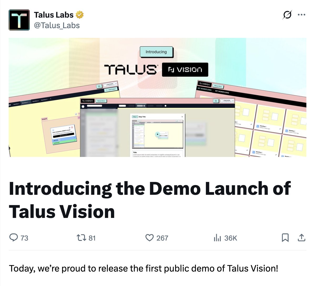 核心产品的落地性是衡量crypto AI 赛道项目潜力的黄金标准。 满足此黄金标准且尚未TGE 的天王级项目： @SentientAGI  算一个，@openmind_agi 算一个，@Talus_Labs 算一个。 三者同属于crypto AI 大赛道，又是各细分赛道AGI,  Robotics 和AI Agents 的佼佼者。就在不久前 ...