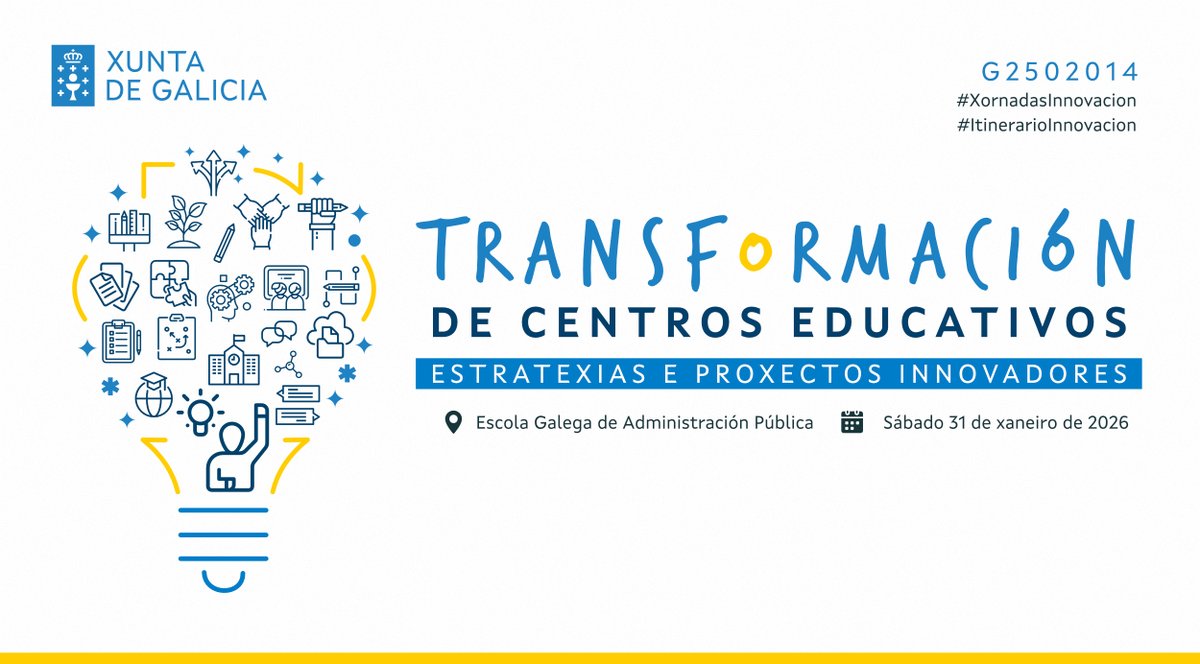 🔍 Como se unen innovación e investigación para transformar os centros educativos?

Nesta xornada descubrirás boas prácticas reais que xa están xerando cambios.

📅 31 de xaneiro · EGAP (Santiago)
🔗 Código: G2502014
edu.xunta.gal/fprofe/procesa…

Inscricións abertas!

#CPD #Innovacion