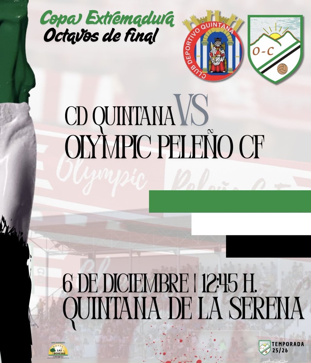𝐂𝐎𝐏𝐀 𝐄𝐗𝐓𝐑𝐄𝐌𝐀𝐃𝐔𝐑𝐀 🏆

🆚 <a href="/CDQuintana2024/">Club Deportivo Quintana</a> 
📆 Sábado 6 de Diciembre 
⌚️ 12:45 h.
🏟️ Quintana de la Serena

#CopaExtremadura🟢⚪️⚫️
