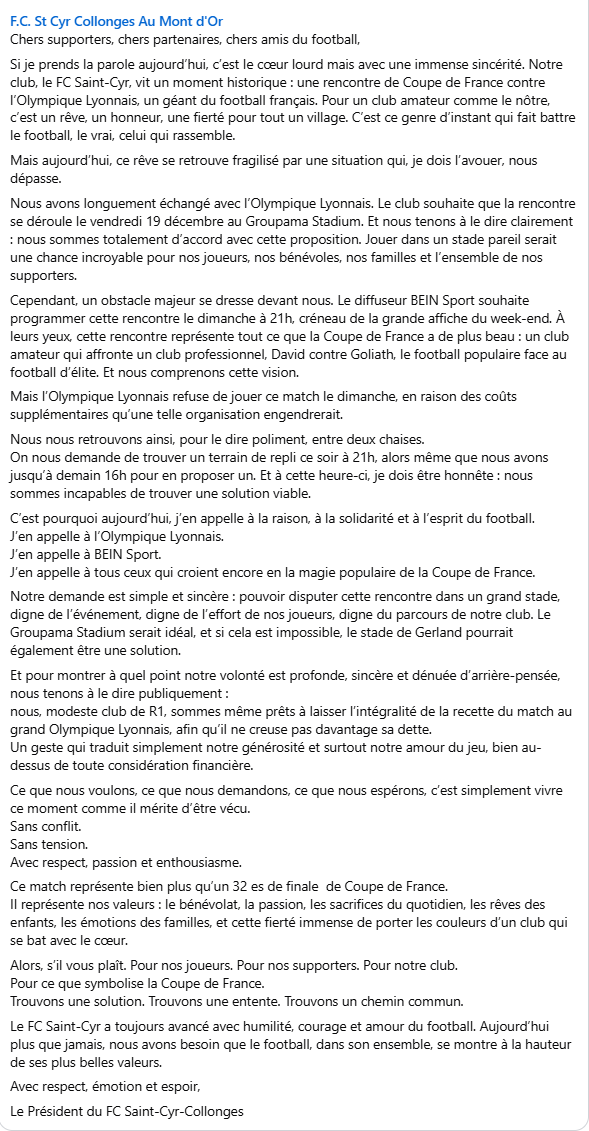 FredericSougey's tweet image. Le président du FC Saint-Cyr Collonges qui propose même de laisser toute la recette à l'Olympique Lyonnais si ça permet de jouer à Gerland ou au Groupama Stadium... 

Il y a des clubs, des dirigeants, des entraîneurs, des joueurs qui respectent profondément ce qu'est la…