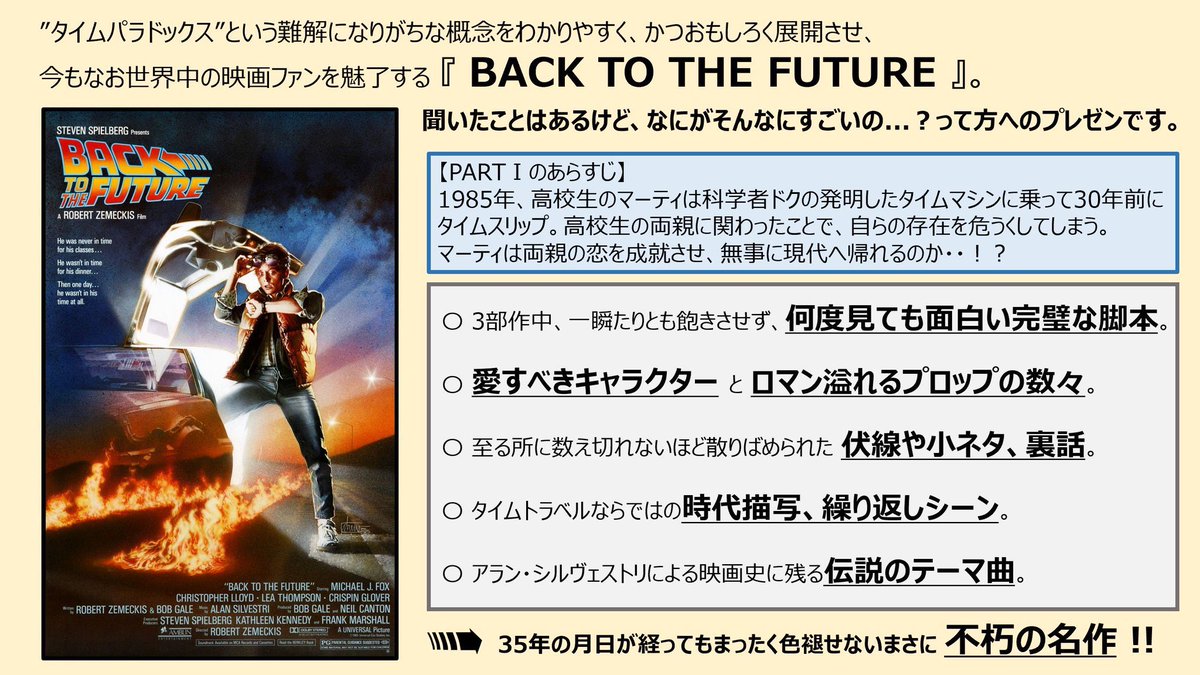 kst050z's tweet image. 語りきれない程の情報量が詰まっている
『バック・トゥ・ザ・フューチャー 』

でも1番すごいのは何も考えなくてもストーリーがスッと頭に入ってきて、何度繰り返し見ても面白い完璧な脚本だと思う🔥

#BTTF40周年