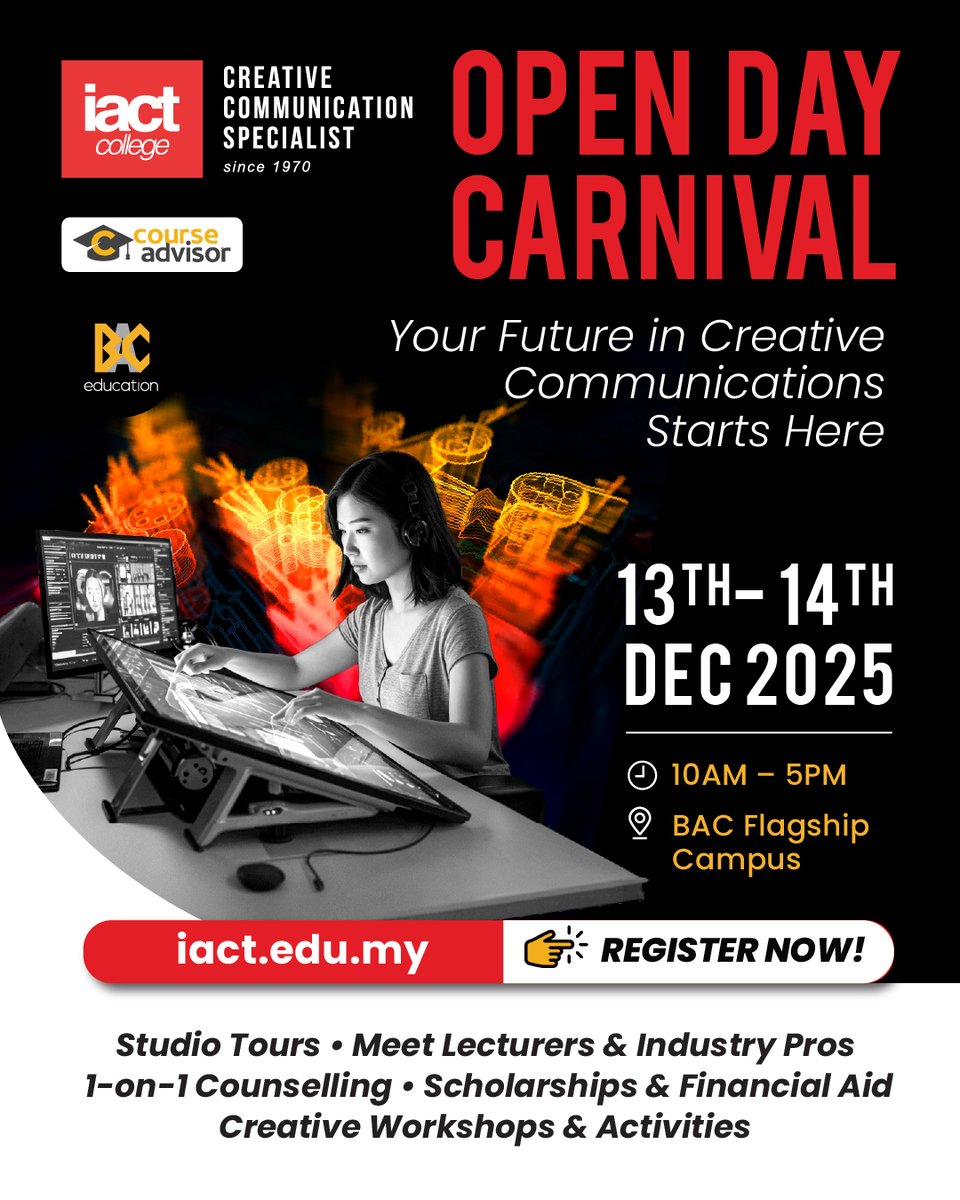 The IACT OPEN DAY CARNIVAL is your backstage pass!

Register now at bac.education/iactopendaycar… or WhatsApp 012-2953722 for more info.

#BACEducation #IACTCollege #CommunicationsCreativeSpecialist #OpenDayCarnival #FutureStoryTellers #creativefutures #ExploreIACT