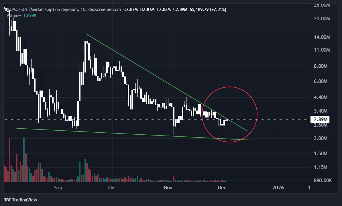 $MOMO is at the starting blocks

CT, please pay attention to the breakout of this triangle on the daily chart for $MOMO

Either we break upwards through a fakeout, or directly

I expect liquidity to flow into the market in mid-December. Gotta get positioned in time