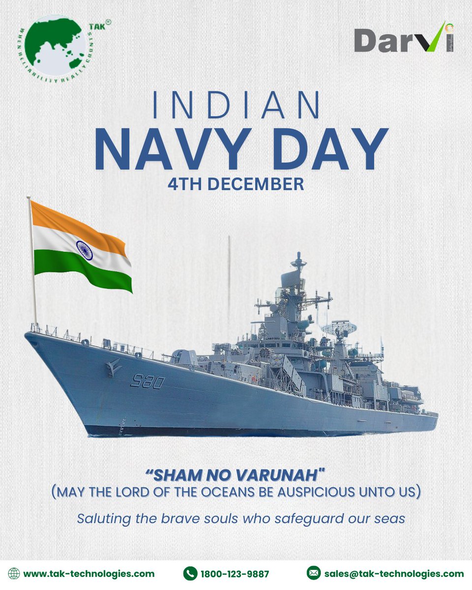 TAK_Tech_PvtLtd's tweet photo. Saluting the Indian Navy—heroes of Operation Trident and guardians of our seas.
Navy Day 2025 highlights India’s multidomain, Aatmanirbhar naval power.🇮🇳

#IndianNavyDay  #OperationTrident #IndianNavy   #TakTechnologies https://t.co/KaEpilGDMk