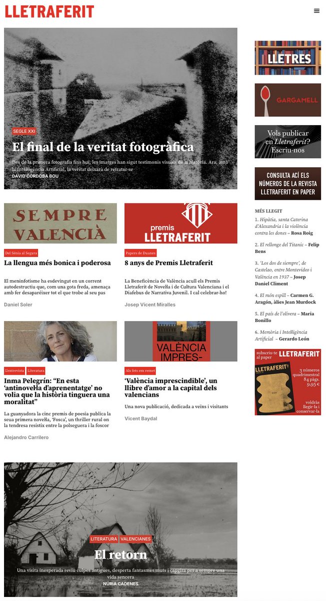 Com cada dijous, nova portada i nous continguts de la <a href="/RevLletraferit/">Revista Lletraferit</a> digital! Esta setmana amb textos de <a href="/ModriKozolec/">David Córdoba Bou</a>, Daniel Soler, <a href="/jvmiralles/">J. Vicent Miralles</a>, <a href="/Carrilero_Alex/">Álex Carrilero</a>, Núria Cadenes i jo mateix. A lletraferir-se: lletraferit.com