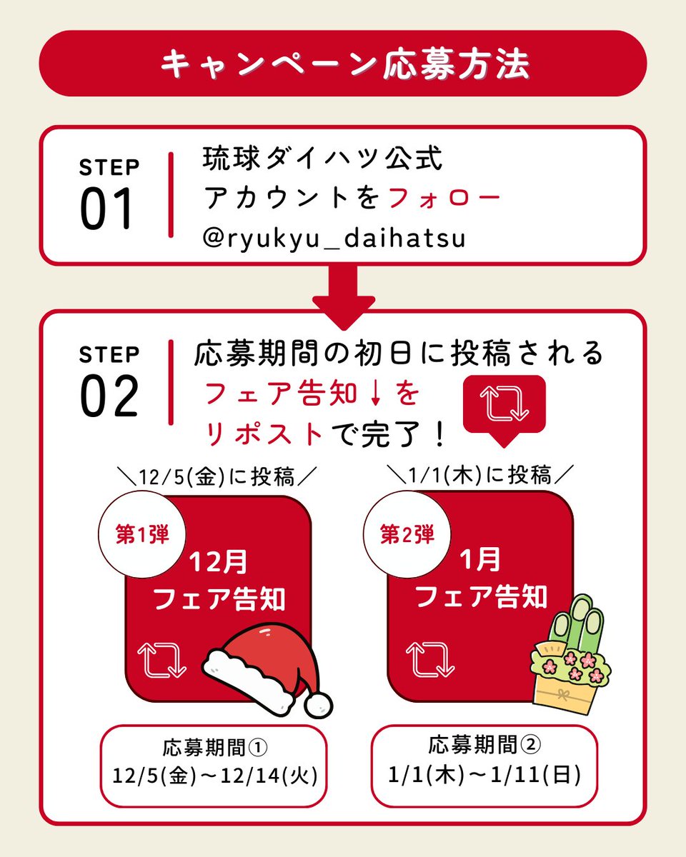 ryukyu_daihatsu's tweet photo. 12/5 18:00 ～開催✨
琉球ダイハツ×キングスコラボカレンダー
プレゼントキャンペーン【予告】

第①弾▶12/5～12/14
第②弾▶1/1～1/11

🎯参加方法
① @RyukyuDaihatsu をフォロー
② 上記期間の「フェア開催告知」をリポスト

今年は2回のチャンス！
ぜひフォローして開催をお待ちください👀 https://t.co/9UrUlhpwQe