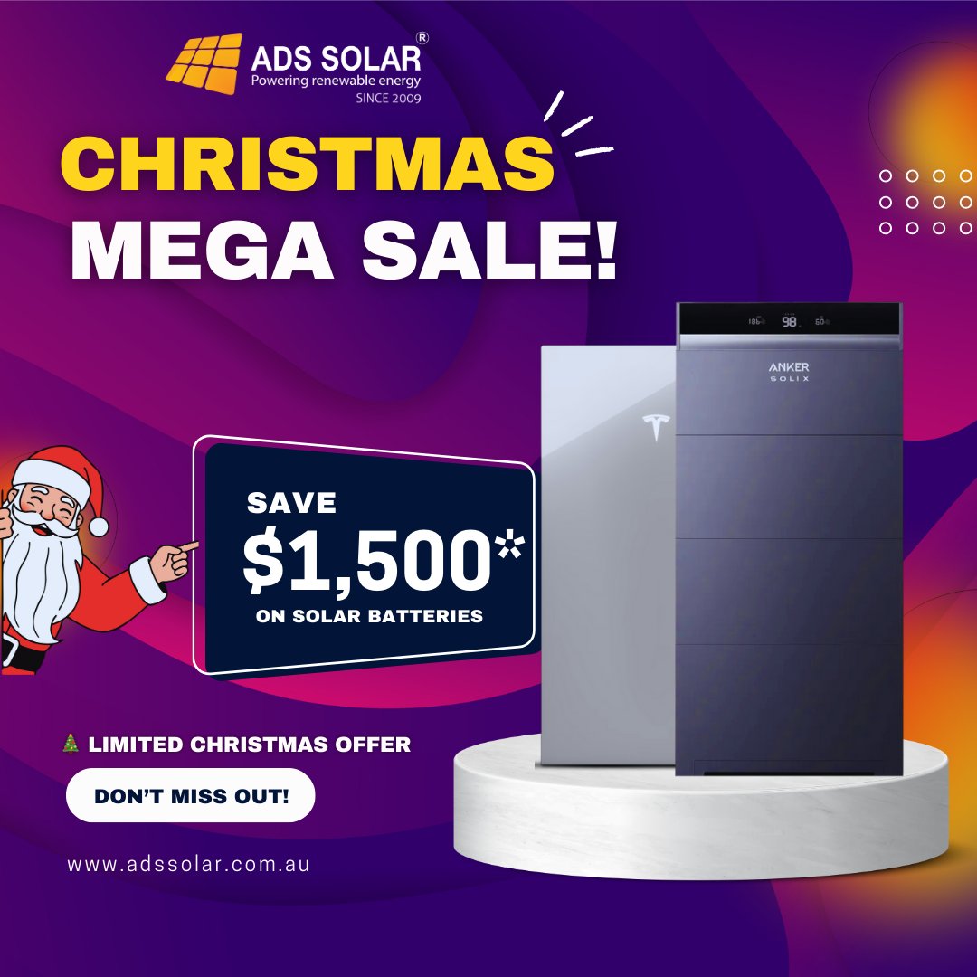 ADSSolar's tweet photo. $1,500 OFF Solar Batteries! 🎅🎄

Christmas just got brighter with ADS Solar.
Save big, store clean energy, and cut your power bills.

🎁 Offer ends soon — message us to claim!

#SolarBattery #AdsSolar #ChristmasDeals #AustraliaSolar https://t.co/G9ze0qaHPo