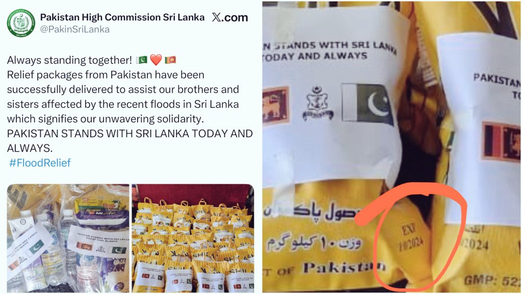 Soorajdeep's tweet photo. 🇮🇳✈️ While #India quickly cleared air-space for aid flights to help flood-hit Sri Lanka,the #Aid from #Pakistan supposedly sent “in solidarity” turned into a scandal. Photos showed bags marked “EXP: 10/2024,”more than a year expired  a clear insult to those suffering. #expose https://t.co/22ujQLDGnF
