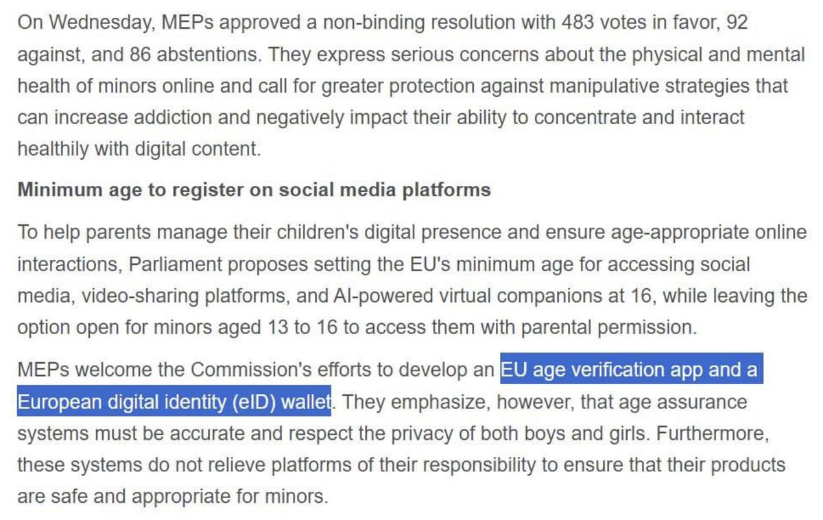 🇪🇺❌🔒 The European Parliament has voted a non-binding resolution in favor of introducing age verification for social media use.

Social media use is banned for everyone below the age of 16 and everyone else will have to submit their ID cards, a selfie, and a voice recording in