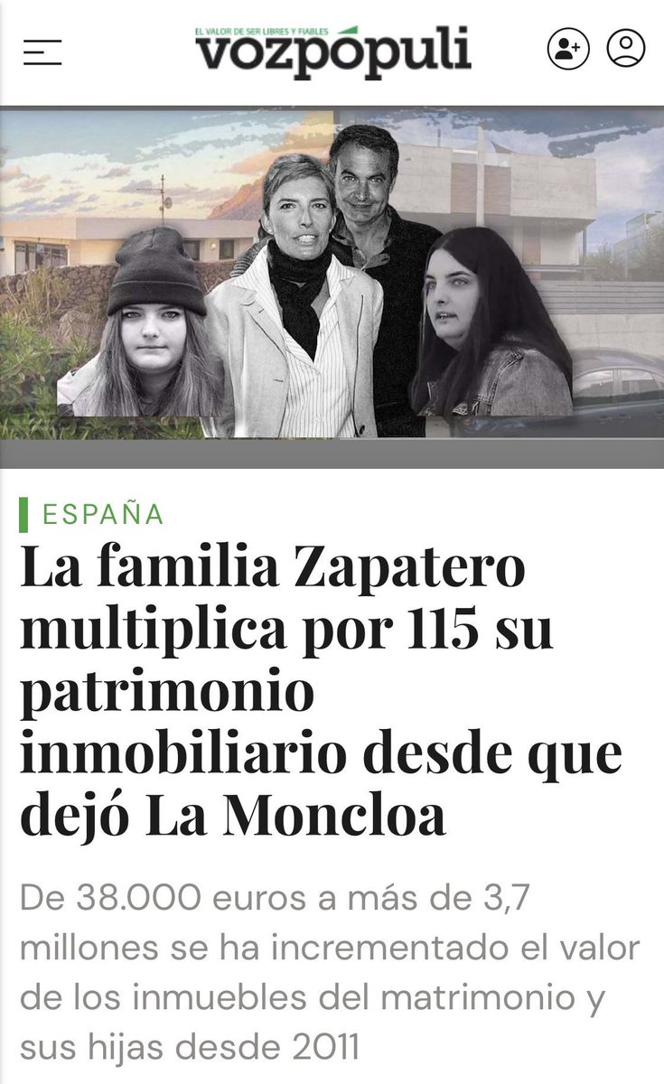 Cuando dejó ZP Moncloa en 2011 declaraba una parcela para en León x 38.000€. Hoy su patrimonio asciende a 3 chalets de lujo y 2 pisos,el último adquirido por su hija menor.Un total de más de 3,7M€ en ladrillo. Este incremento coincide con los negocios de ZP con Venezuela,como