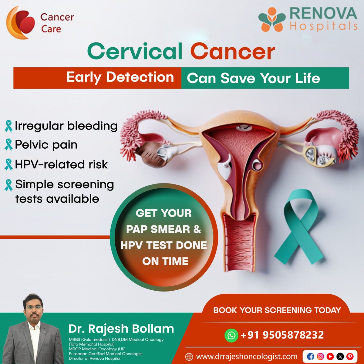 RajeshBollam11's tweet image. CERVICAL CANCER
Early detection can save your life.
Irregular bleeding, pelvic pain, and #HPV-related risks should never be ignored.
Website :
drrajeshoncologist.com
#DrRajeshBollam #MedicalOncologist #HematoOncologist #RenovaHospitals
#BanjaraHills #MedicalOncologistHyderabad