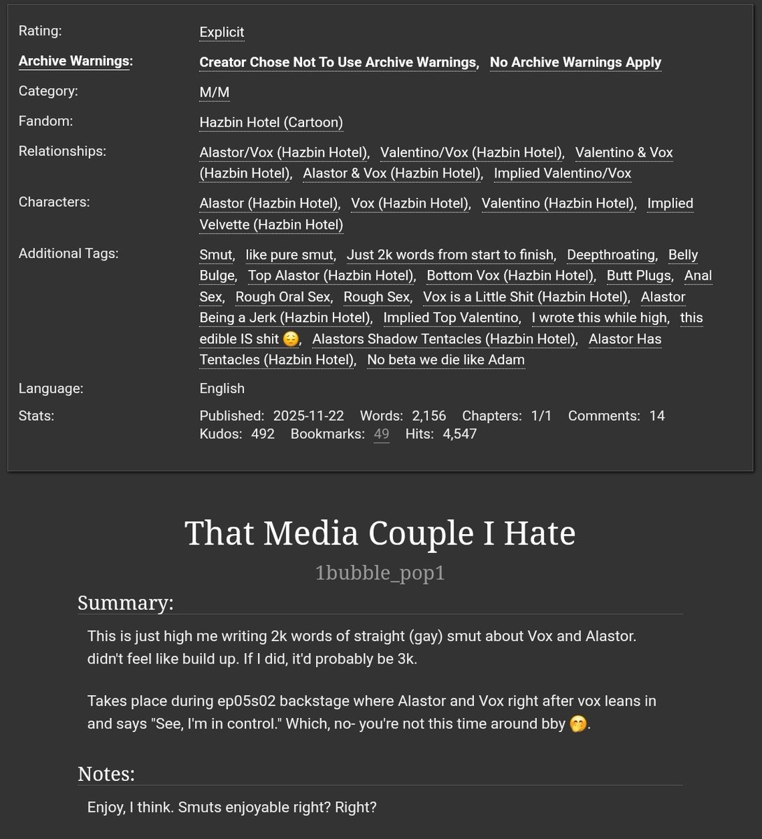 1bubbleP's tweet image. Not new but... technically?
archiveofourown.org/works/74574726

#Voxal #Alastor #Vox