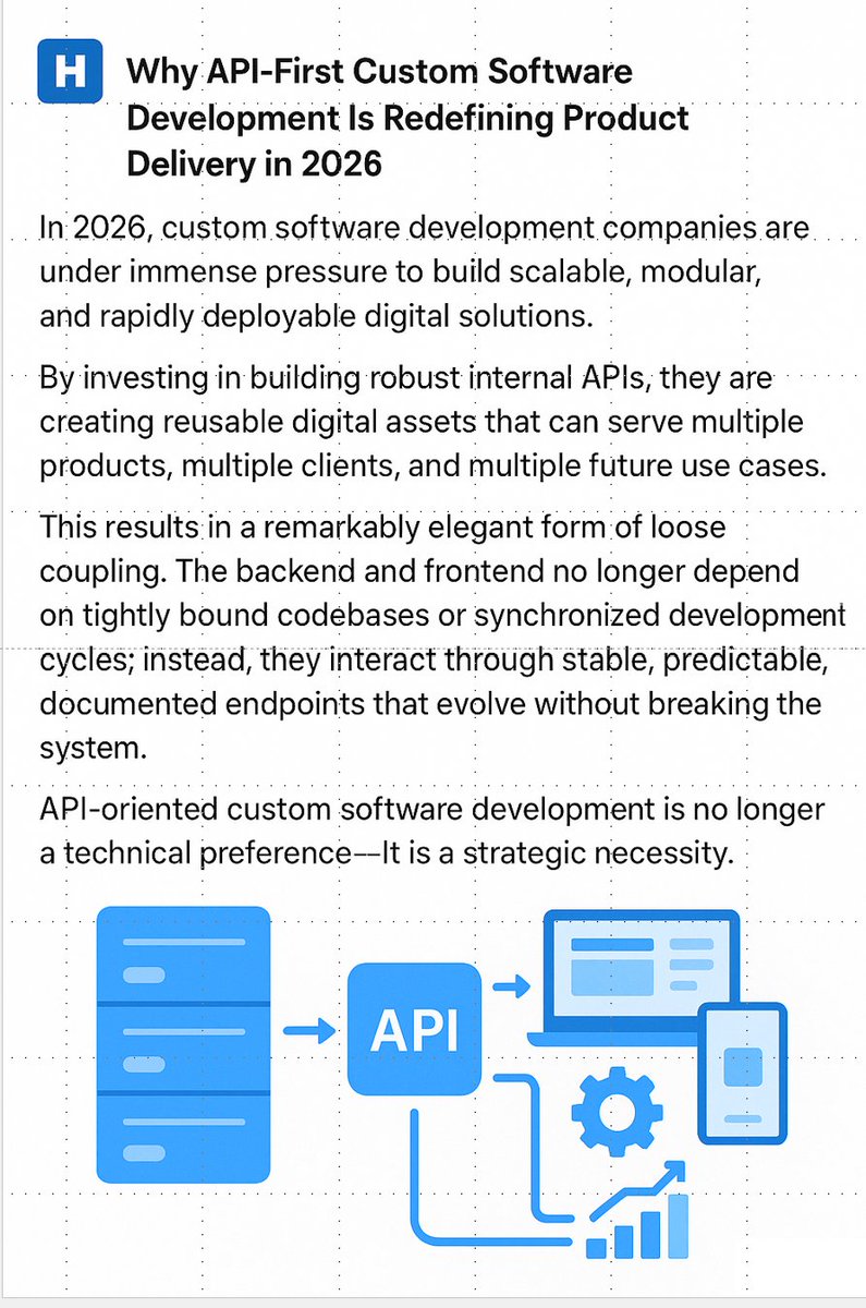 DeventureAgency's tweet image. 🚀 In 2026, API-first development isn’t just architecture — it’s acceleration.

Custom software companies are now building the API layer first, then letting every product, platform, and interface consume it.⚡

#API #SoftwareDevelopment #CustomSoftware #APIFirst #TechTrends2026