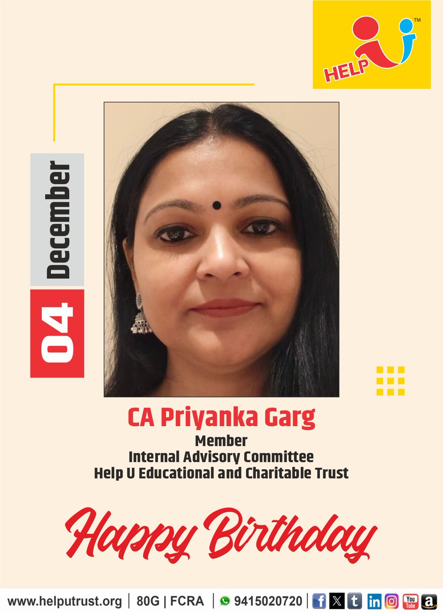 HelpU_Trust's tweet image. हेल्प यू एजुकेशनल एंड चैरिटेबल ट्रस्ट की आंतरिक सलाहकार समिति की सम्मानित सदस्य सीए प्रियंका गर्ग जी को उनके जन्मदिन के अवसर पर हार्दिक बधाई एवं शुभकामनाएं |

इस शुभ अवसर पर भगवान श्री राम जी से प्रार्थना है कि सीए प्रियंका गर्ग जी का जीवन सुख, समृद्धि एवं वैभव से परिपूर्ण हो |…