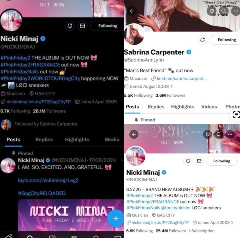 Sabrina Carpenter has officially unfollowed Nicki Minaj on X, following Minaj’s public devotion to Donald Trump and the MAGA community.

Minaj extends her record as the female artist with the most fallouts with women in history. 🥇