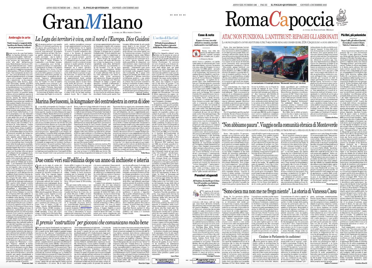 Oggi in edicola con il Foglio ci sono anche Roma Capoccia e Gran Milano, gli inserti dalle citta curati da Salvatore Merlo e Maurizio Crippa

edicoladigitale.ilfoglio.it/?_gl=1*1kqhr8a…..