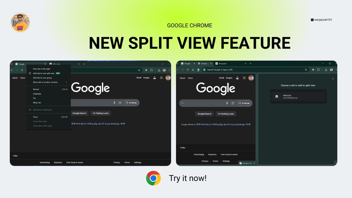 sanjaysah101's tweet image. Stop switching back and forth between tabs! 🚫

@googlechrome  now lets you right-click any tab and select &quot;Add tab to new split view&quot; to see two pages side-by-side.

Perfect for research or comparing docs. ⚡️

#Chrome #Productivity #TechTips #Google