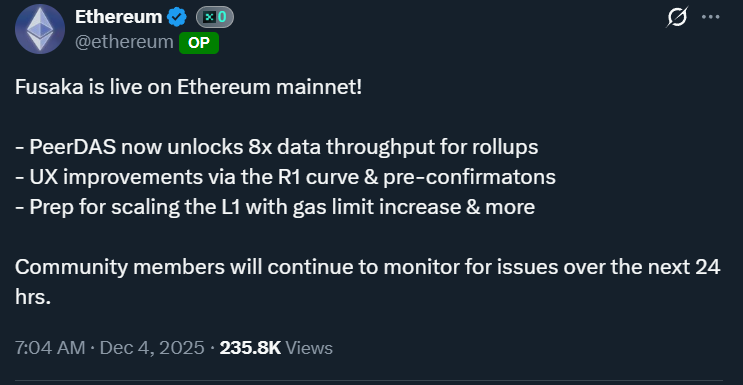 steelorian's tweet photo. Fusaka is live on Ethereum mainnet!
These days, when you think of Ethereum, the project that comes to mind is @hashed_official
@simonkim_nft CEO #Hashed
@subinium SB Data & Tech Hashed
@junkim Jun Kim Investor relations Hashed
https://t.co/u0zVXsbPLZ
ETHval's core idea!
The idea is to create a dashboard that estimates
the intrinsic value of the Ethereum network based
on real-time, on-chain data.
Just as valuation frameworks like price-to-earnings ratios (PER) and price-to-book ratios (PBR) are commonly used in the stock market, Ethereum deserves such tools.
ETHval is a fundamentals-based tool for those
tired of just looking at charts and those who want
to invest rather than speculate.
This is one of the reasons why Ethereum's
intrinsic value is displayed on the main page.
Ethereum's intrinsic value
Current Price $3,202.4
Composite Fair Value (12 / 12 models)$4,996.3
OpportunityUndervalued+56.0%
Let's take a quick look at the Fusata update and
the new metrics ETHval will be tracking.
Fusaka Opens the Door to Ethereum's Next Decade
For the past several years, Ethereum has pursued
a rollup-centric roadmap focused on scalability.
While Dencun and Pectra have lowered L2 costs
and increased throughput, Fusaka is an upgrade
that addresses the more fundamental issues of sustainability and democratization of verification.
1) Fusaka's Core Technical Changes: Lightening
Ethereum
PeerDAS -> Full-scale Expansion in the L2 Era
• Nodes no longer need to store all blob data,
• Verification is possible by storing only 1/8 of the
data based on sampling.
• Theoretically, L2 data throughput increases eightfold.
• Reduced L2 costs, increased network efficiency.
BPO Forks -> Secures scalability agility.
• Increases the number of blobs without a hard fork.
• Instantly scales when demand increases.
Verkle Trees -> Solves State Bloat
As Ethereum grows, the paradox of increased state data growth and increased node operating costs
has arisen.
Verkle Trees fundamentally eliminates this.
• Proof size: tens of kilobytes -> hundreds of bytes
• Node operation performance drastically reduced
• Wallets and user devices themselves become light clients
Evolving from "chains carrying entire libraries ->
chains that only require thin proofs"
2) Philosophical change: Users' "verification
sovereignty" returns
Currently, most dApps operate under a
"Trust Infura, don't verify" structure.
After Fusaka:
• Anyone can run a node or validator from home
• Wallets directly verify the Ethereum state
• Distributed across hundreds of thousands of
individual validators worldwide
• No government or institution can shut down the
network
Vitalik's vision of "The Verge" a dramatic reduction
in verification costs and an era of user verification
is now a reality.
3) Economic change: Ethereum's supply-side
structure is changing
The fundamental value of ETH has traditionally
been assessed based on demand (transactions,
fees, TVL). However, Fusaka disrupts the supply
itself (the cost of providing security).
• Node operating costs decrease
• Inflation required to maintain the same level of security decreases
• More validators can be secured with the same inflation rate
• Ultimately, the marginal cost of security decreases
-> This directly translates to value accrual
(improved operating margin) for ETH holders.
4) New Metrics for ETHval to Track
After Fusaka, Ethereum's value needs to be
assessed in a new way.
• Security Cost Efficiency: Cost per unit of security
• Validator Decentralization Index: Proportion of
solo stakers and regional distribution
• State Growth Rate: State data growth rate
• Light Client Adoption: Self-verification rate vs.
RPC reliance
These indicators will provide a more accurate
picture of Ethereum's economic health and
intrinsic value.
5) Fusaka = Ethereum's Operating System Upgrade
Fusaka is not just an upgrade toward greater
scalability
• Lighter
• More decentralized
• More verifiable
• More cost-effective
• More user sovereign
• More sustainable
It is an upgrade of completeness for Ethereum.
It also marks a shift from the "addition" phase to
the "subtraction for completion."
Final Conclusion
Fusaka is an upgrade that goes beyond the
L2 era of scalability and completes Ethereum's
fundamental philosophy "don't trust, verify" from
a technical, economic, and user experience
perspective.
The next decade of Ethereum begins with a lighter, more decentralized, and more verifiable path.