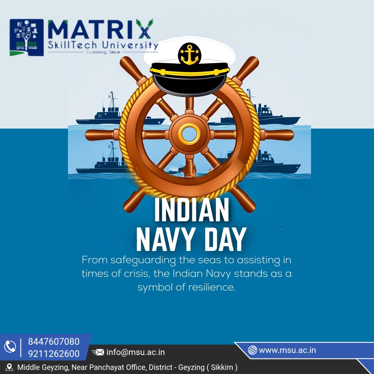 university19447's tweet image. Saluting the brave warriors of the sea on Happy Indian Navy Day from Matrix SkillTech University! ⚓🇮🇳
#IndianNavyDay #HappyIndianNavyDay #MatrixSkillTechUniversity #PrideOfIndia #NavyHeroes #NationFirst #SaluteToArmedForces #BraveWarriors #Inspiration #JaiHind ⚓🌊✨