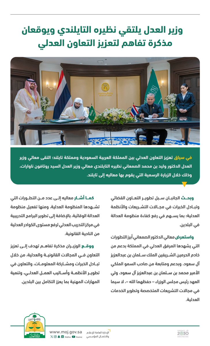 معالي وزير العدل د. وليد الصمعاني يوقع مع نظيره التايلندي مذكرة تفاهم لتعزيز التعاون في المجالات القانونية والعدلية.