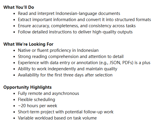 bobaluvls's tweet photo. Role: Indonesian Language Expert
Location: Remote
Compensation:
$10–$14 per hour (independent contractor)
Weekly payments via Stripe Connect
https://t.co/jMzH4elb6Z https://t.co/kMy17y4Ak2