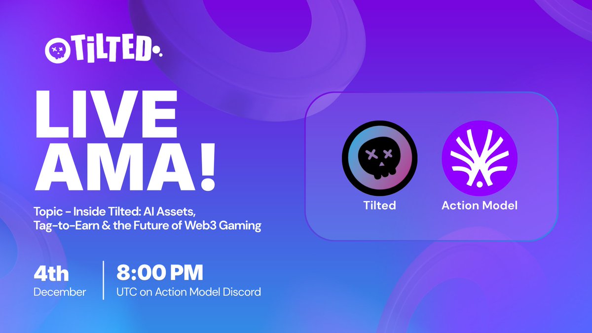 tiltedxyz's tweet image. 🔥 LIVE AMA — Tilted x @ActionModelAI! 🔥

We’re going deep inside Tilted — AI Assets, Tag-to-Earn, and the future of Web3 gaming.

Join us and the Action Model team for an open conversation on how AI-powered game moments, creator tools, and decentralized data labor are shaping…