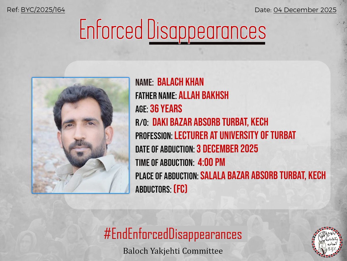 BalochYakjehtiC's tweet image. 𝗘𝗻𝗱 𝗘𝗻𝗳𝗼𝗿𝗰𝗲𝗱 𝗗𝗶𝘀𝗮𝗽𝗽𝗲𝗮𝗿𝗮𝗻𝗰𝗲𝘀!

#EndEnforcedDisappearances
#StopBalochGenocide