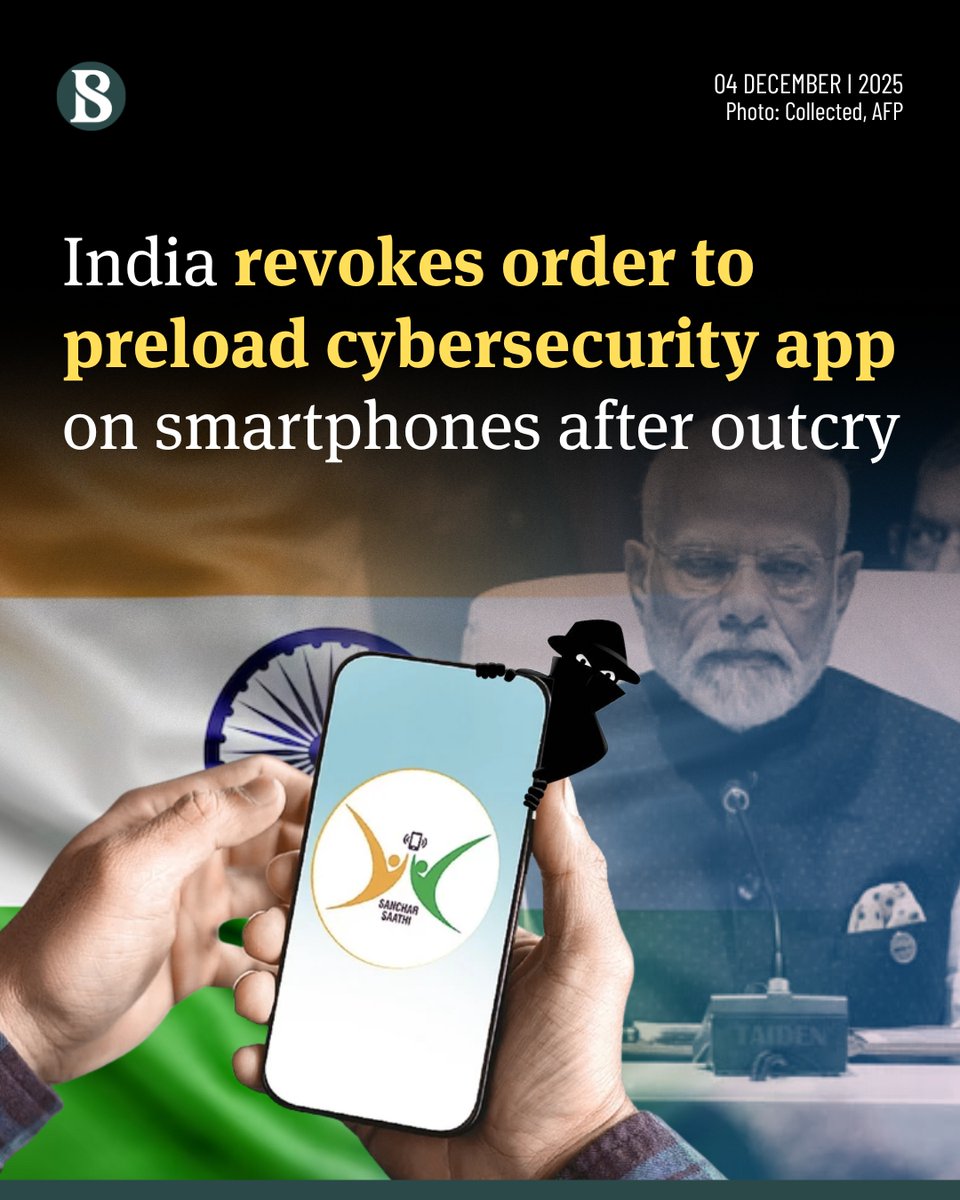 tbsnewsbd's tweet image. India's government scrapped an order to smartphone makers on Wednesday to preload a state-run cybersecurity app on all new devices after an outcry from politicians, privacy advocates and...

More below

#India #PrivacyProtection #SancharSaathi #TBSNews