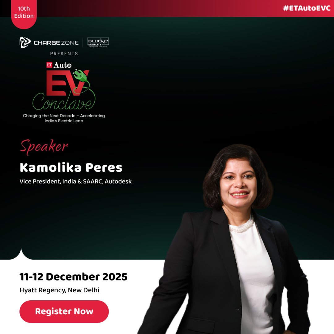 ETAuto's tweet image. We are delighted to welcome Kamolika Peres, Vice President – India &amp;amp; SAARC, Autodesk at the 10th Edition of The Economic Times Auto EV Conclave 2025.

Register Now: shorturl.at/cOtAx

#ETAutoEVC #ETAuto #Autodesk #DigitalTransformation #Leadership