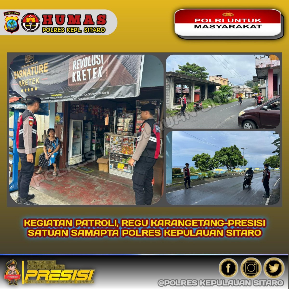ResSitaro's tweet photo. Pelaksanaan Kegiatan Patroli Rutin, Regu Patroli KARANGETANG-PRESISI Sat Samapta Polres Kepulauan Sitaro, dalam menciptakan Situasi Kamtibmas di Kewilayahan tetap Aman dan Kondusif.

#patrolisamapta 
#regukarangetangpresisi 
#polreskepulauansitaro https://t.co/kyRQABkC7s
