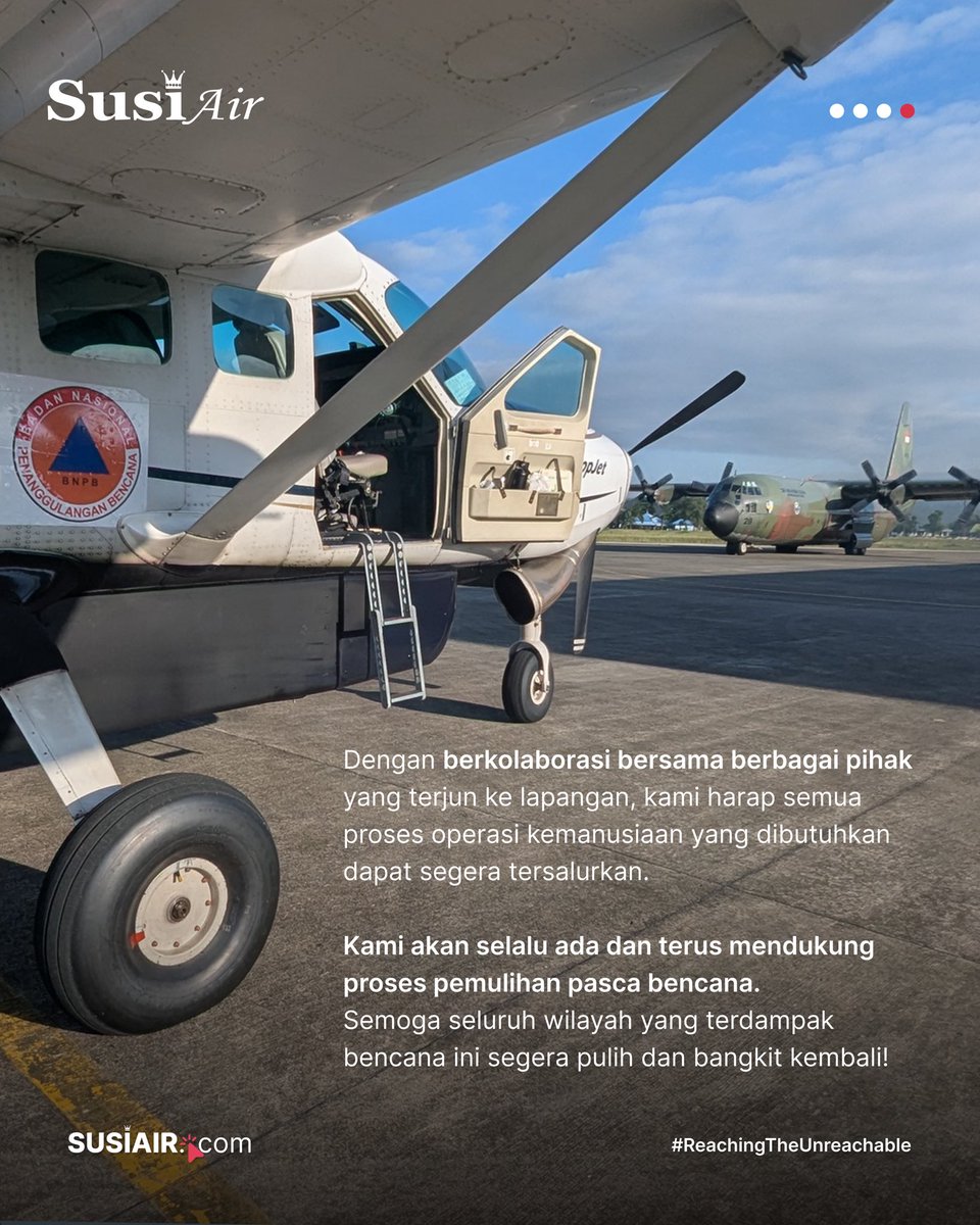 susiair's tweet photo. Susi Air selalu berkomitmen untuk memastikan bantuan dapat menjangkau masyarakat yang membutuhkan. Semoga seluruh wilayah yang terdampak bencana ini segera pulih dan bangkit kembali! https://t.co/raBYDoeH6M