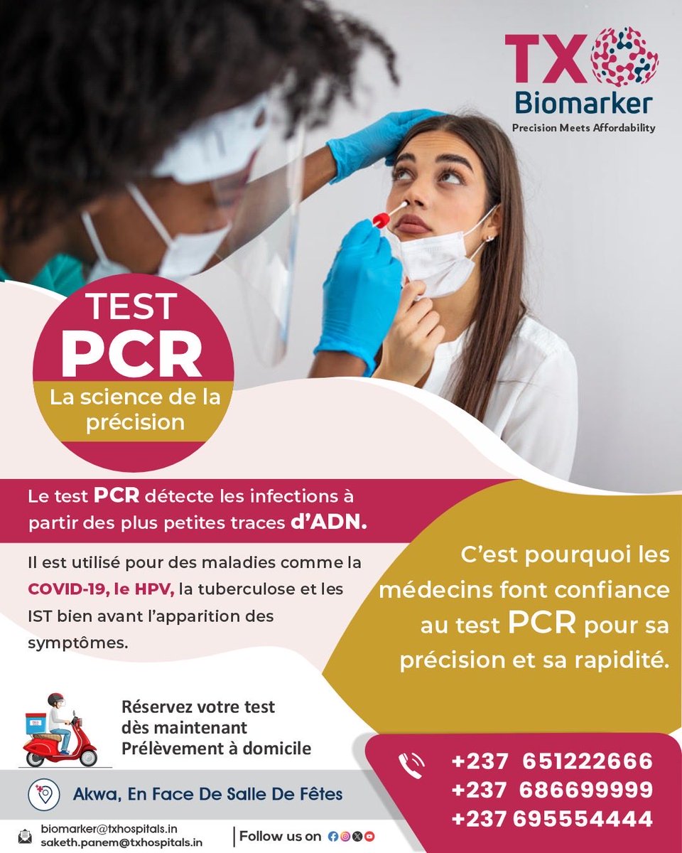 TxBiomarker's tweet image. Le test PCR détecte les infections dès les plus petites traces d’ADN pour diagnostiquer COVID-19, HPV, tuberculose et IST

📍Akwa, En Face De Salle De Fêtes
📞+237651222666|+237686699999|+237695554444
📧biomarker@txhospitals.in | saketh.panem@txhospitals.in

#TestPCR #Diagnostic