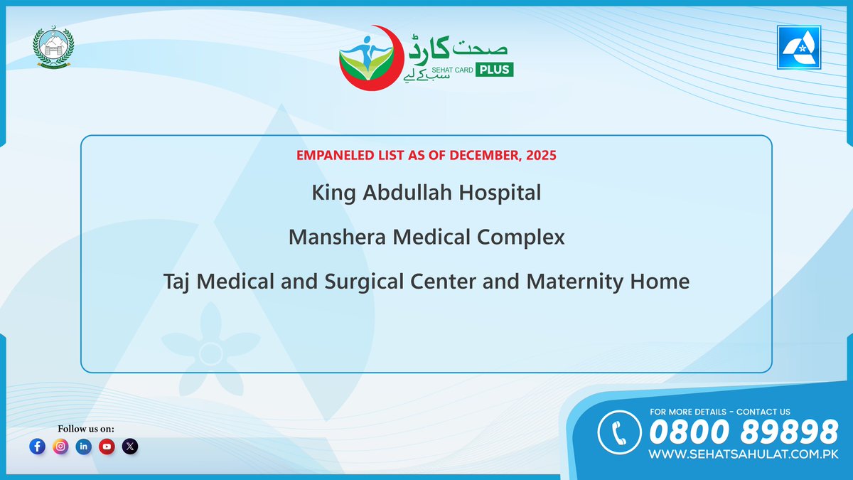 For the complete list of empaneled hospitals, please visit the following link:

پینل میں شامل تمام ہسپتالوں کی مکمل فہرست کے لیےدرج ذیل لنک پر کلک کریں:

sehatsahulat.com.pk/empaneled-hosp…