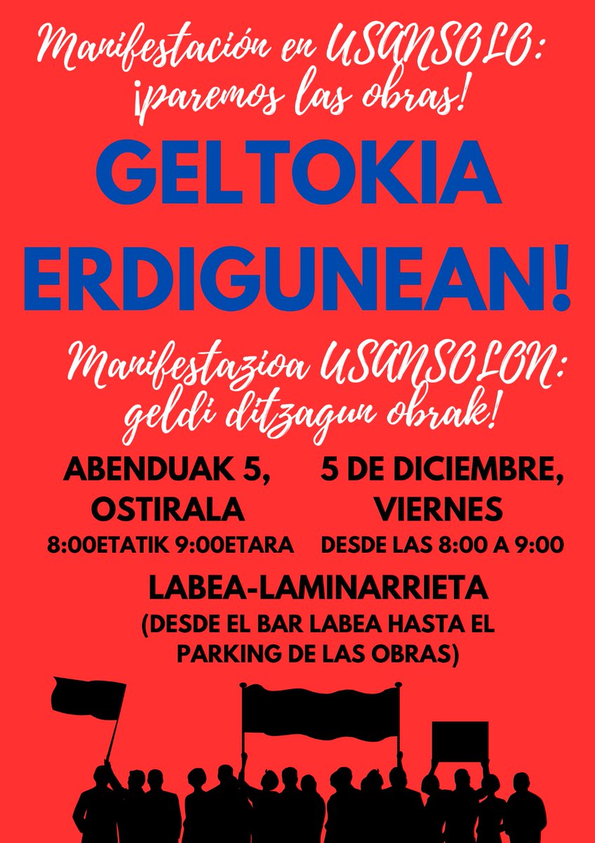 Bihar da MANIFESTAZIOA! Goizeko 8:00etan Labea 42 tabernan.
Gu gurera! Kalean! 💪🏽
#usansolo #geltokiaerdigunean #lortuarte #lortukodugu <a href="/ehbilduusansolo/">ehbilduusansolo</a> <a href="/UsansoloHerria/">Usansolo Herria</a> <a href="/LamintxUsansolo/">Lamintxu Gazte Asanblada</a> <a href="/UmoreOna/">Umore Ona</a> <a href="/eajpnvbizkaia/">EAJ-PNV Bizkaia</a> <a href="/PSEBizkaia/">PSE-EE BIZKAIA</a> <a href="/ehbildubizkaia/">EH Bildu Bizkaia</a> <a href="/ETS_RFV/">Euskal Trenbide Sarea - Red Ferroviaria Vasca</a> <a href="/PPBizkaia/">PP Bizkaia</a> <a href="/PodemosBizkaia/">Ahal Dugu BIZKAIA</a>