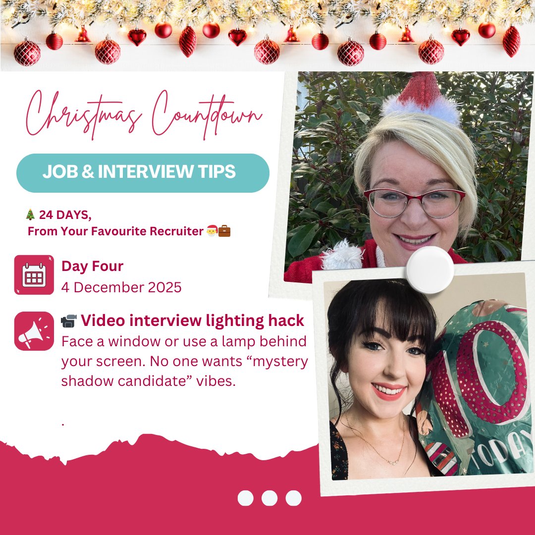 JoanneFinnerty's tweet image. We&apos;re starting our JFR advent calendar, giving you 24 days of job and interview tips. 
Day 4/24 💡 Don’t be the shadow candidate. Face the light, literally!
 #CareerTips  #JobSearchTips  #InterviewTips  #JobHunt #CareerAdvice
#JobSearchJourney  #Careers  #WorkSmarter