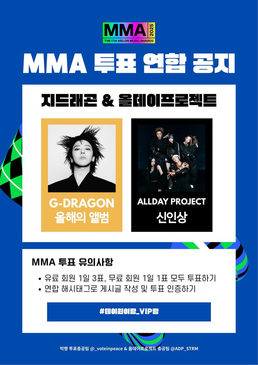 _voteinpeace's tweet image. [🤝] 빅뱅 투표총공팀 X 올데이프로젝트 총공팀 연합 안내

🗳️ 협력 내용
MMA 올해의 신인 올데이프로젝트(ADP) ⇄ MMA 앨범상 지드래곤(G-DRAGON)

🗓️ 연합 기간 : 12/5(금) ~ 12/19(금) 

✅ 연합 인증 방법 
투표 후 아래 해시태그로 인증해주세요!
#데이원이랑_VIP랑

1. ‘올해의 신인’ 부문…