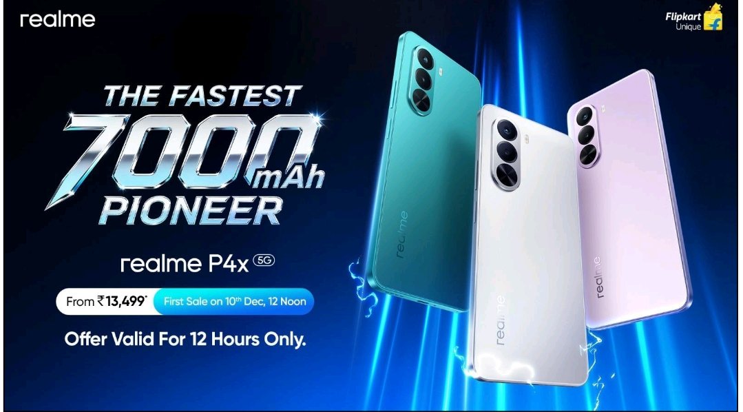 Atulbazaar's tweet image. realme P4x Launched Today 🔥
✅ 6.72&quot; FHD+ LCD, 144Hz RR
✅ 50MP + 2MP Camera
✅ 8MP Selfie
✅ Dimensity 7400 Ultra 4nm Chip
✅ UFS 3.1 + LPDDR4X RAM
✅ 7000mAh Bat + 45W Charging #realmeP4x @realmeIndia
 💰 Price: ₹15,999 (₹13,499 after bank offers) 6GB + 128GB