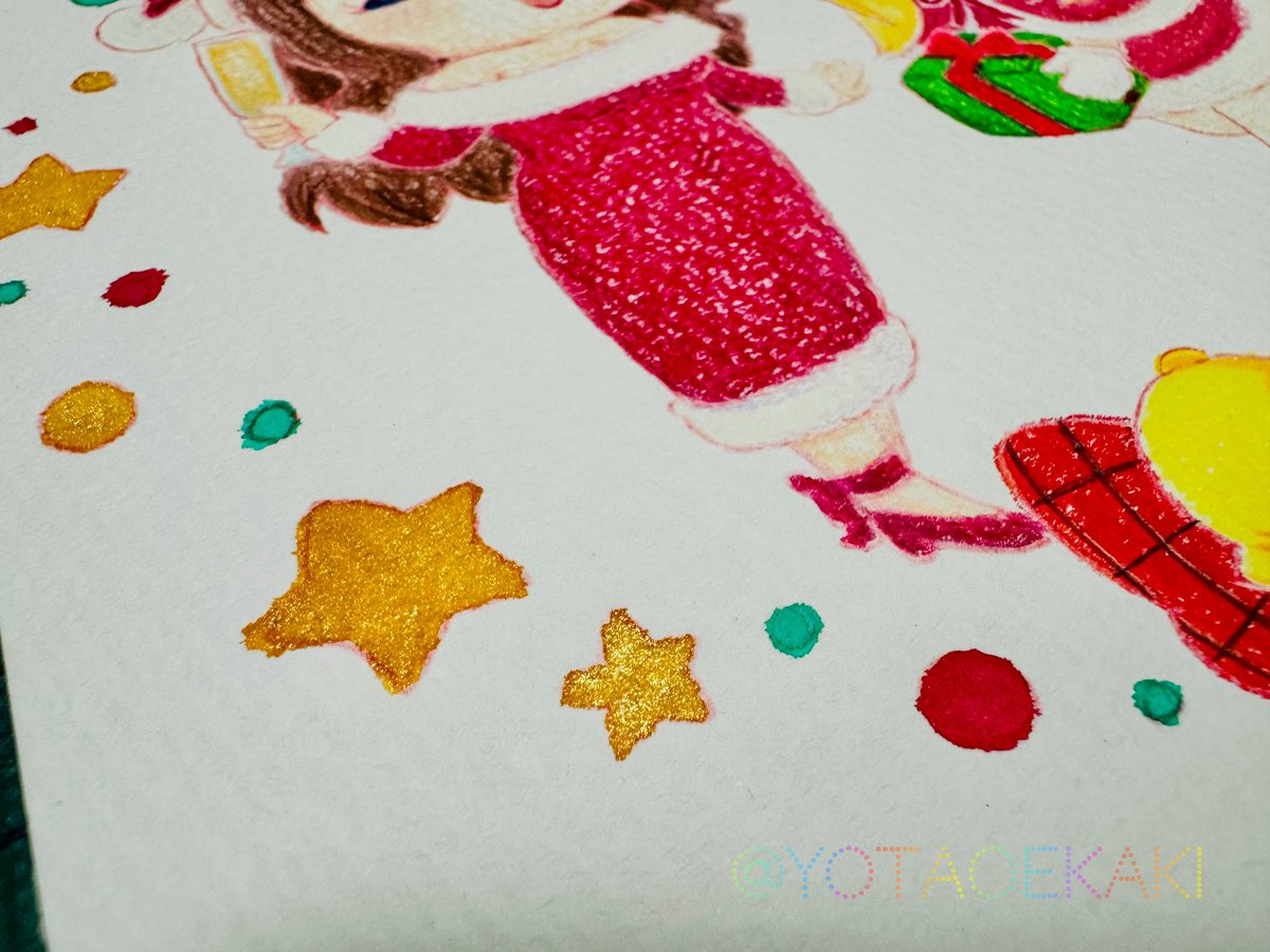 今年のクリスマス絵 進捗〜 インク使ったら、 色鉛筆用の紙だから滲ん