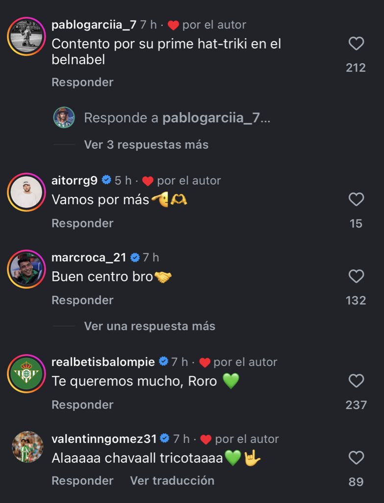 Este es el post de Roro Riquelme ayer en Instagram y estas son las respuesta de sus compañeros. 
Todo esto, que no es algo tangible, tiene un valor incalculable.
Muy orgulloso de este equipo y muy identificado con este vestuario.
Vamos, <a href="/rororiquelme10/">Rodrigo Riquelme</a> 💚