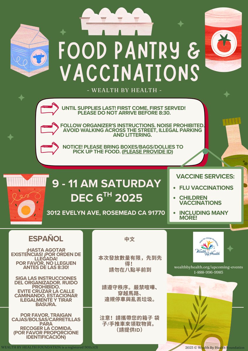 wbh_org's tweet photo. Join us on December 6 for our last Food Pantry &amp; Vaccine Clinic of the year!

📍 Dharma Seal Temple Back Gate
📅 Saturday, Dec 6 | ⏰ 9:00 - 11:00 A.M
📌 3012 Evelyn Ave., Rosemead, CA 91770
🛒 Food Pantry and Vaccinations
📞 Questions? Call 1-888-996-9985 https://t.co/cljiksqJzq